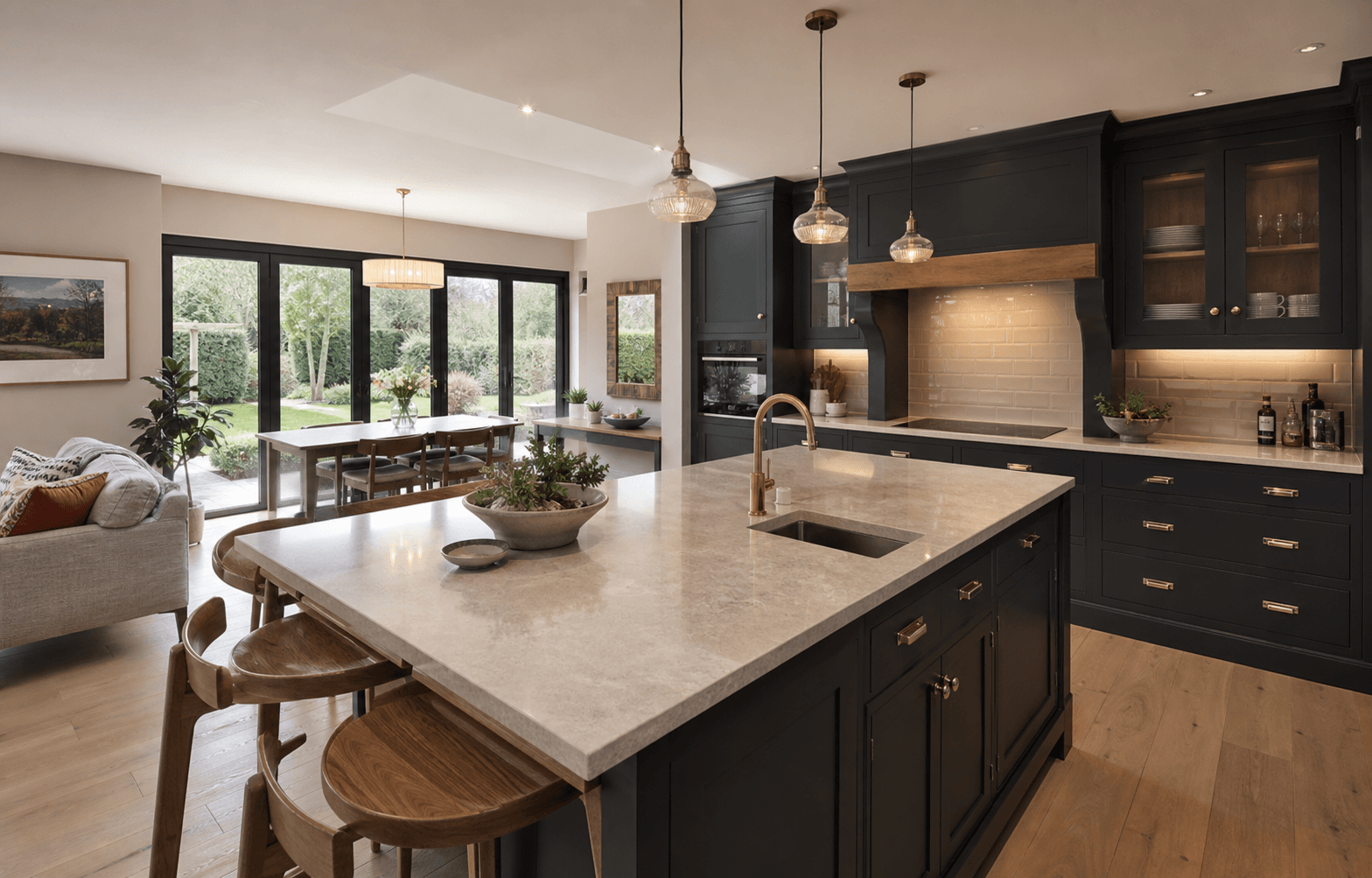 Dark kitchen renovation with a stone island